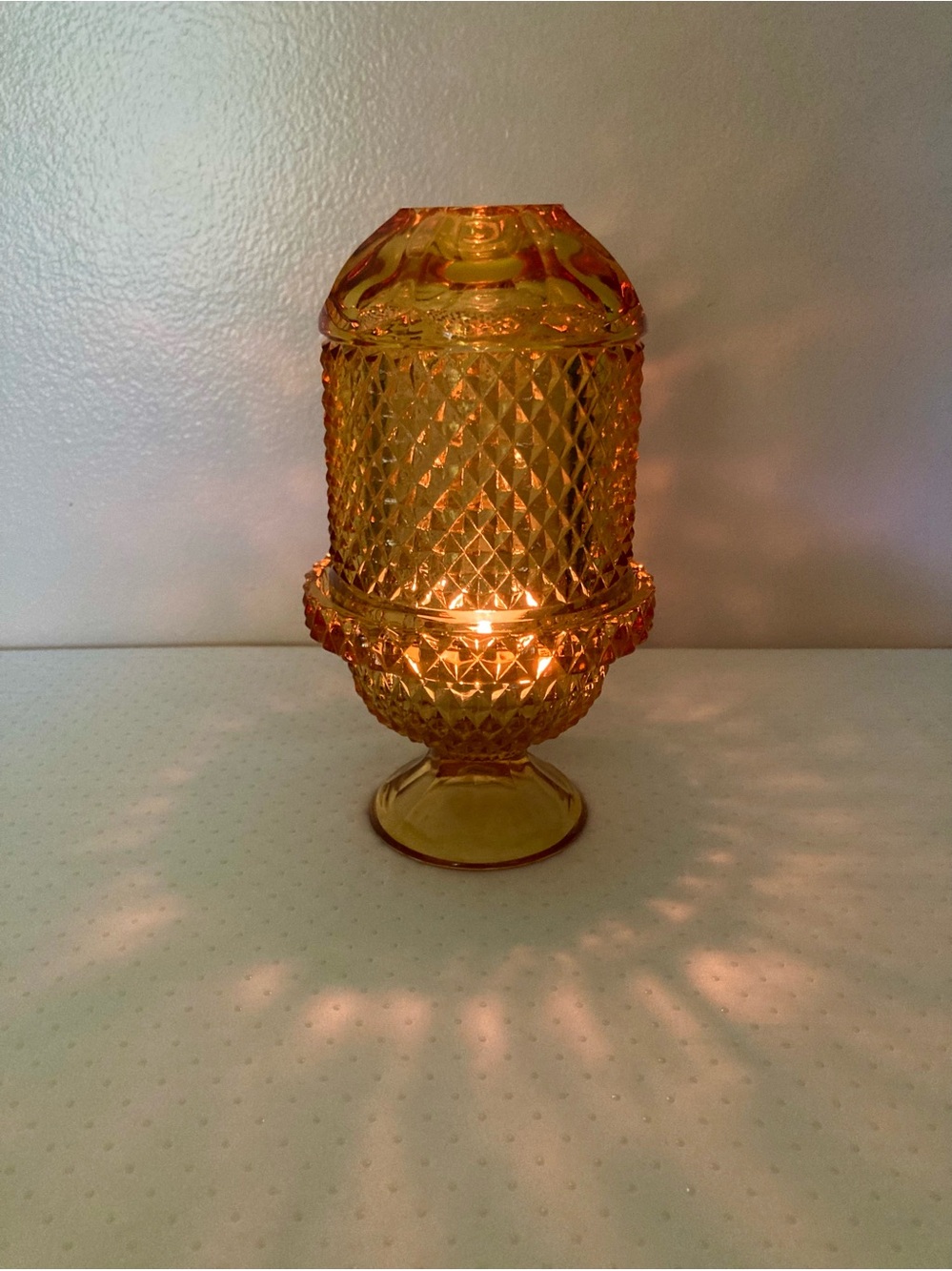 Vintage Viking Glass Amber Diamond Point Fairy Lamp Candle Holder Mint